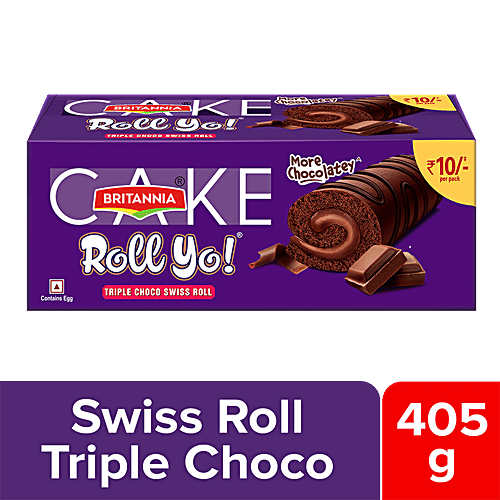 Britannia Cake Roll Yo ! - Swiss Roll, Triple Choco, Fluffy, Spongy, Delightful Taste, 405 g  