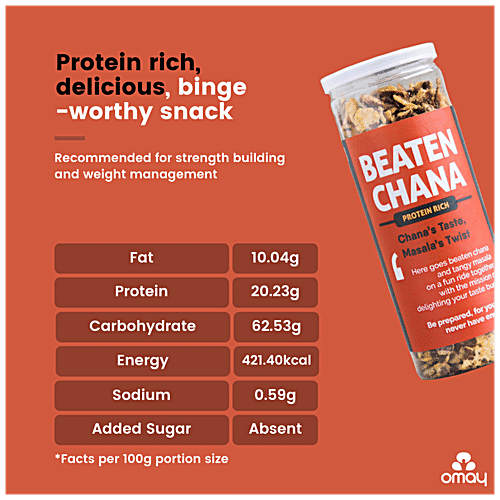 Omay Foods Beaten Chana - Protein-Rich, Roasted, No Cholesterol, Oil-Free Snack, 125 g