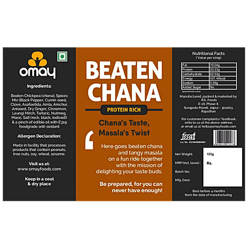 Omay Foods Beaten Chana - Protein-Rich, Roasted, No Cholesterol, Oil-Free Snack, 125 g