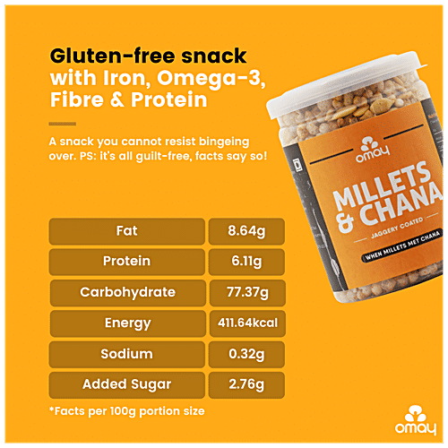 Omay Foods Millets & Chana - Jaggery Coated, Roasted, Rich In Protein, Gluten Free Snack, 30 g