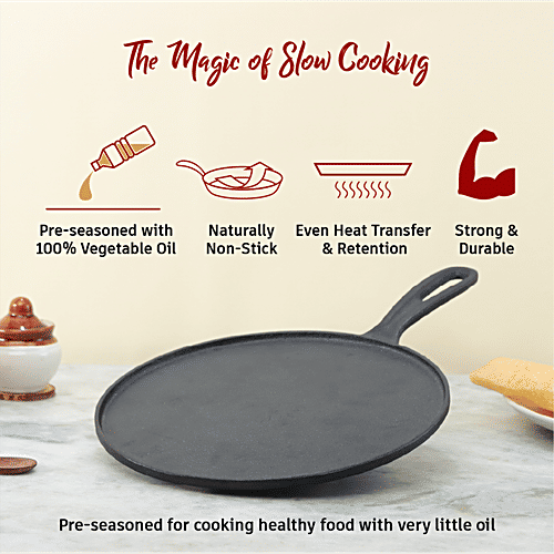 Wonderchef Forza Pre-Seasoned Cast Iron Dosa Tawa - Sturdy Handle, Long-Lasting, 27 cm, 1 pc  