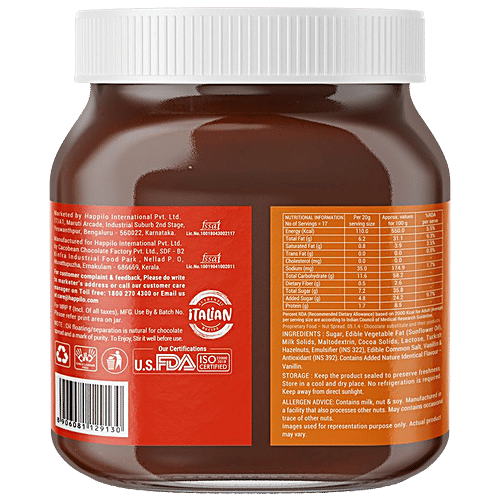 Happilo Hazelnut Chocolate Spread - Protein-Rich, 50% Less Sugar, Cholesterol Free, 350 g