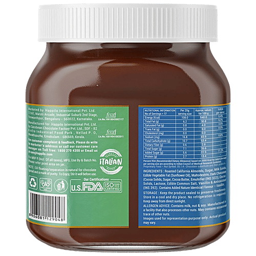 Happilo Premium Almond Chocolate Spread - Protein-Rich, 50% Less Sugar, Cholesterol Free, 350 g