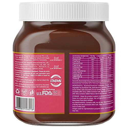 Happilo Premium Cashew Chocolate Spread - Protein-Rich, 50% Less Sugar, Cholesterol Free, 350 g
