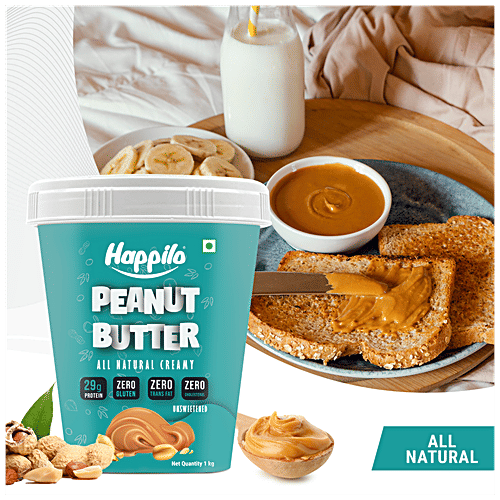 Happilo All Natural Peanut Butter - Creamy, Unsweetened, High In Protein, Gluten Free, 1 kg  Zero Cholesterol
 No Added Sugar
 Zero Transfat