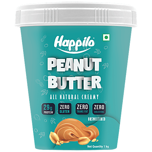 Happilo All Natural Peanut Butter - Creamy, Unsweetened, High In Protein, Gluten Free, 1 kg  Zero Cholesterol
 No Added Sugar
 Zero Transfat