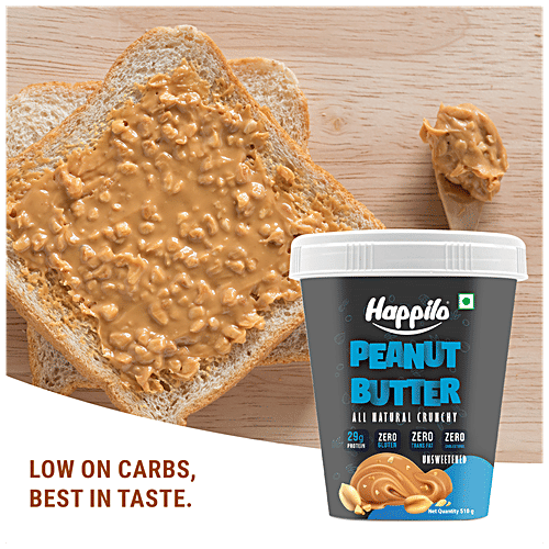 Happilo All Natural Peanut Butter - Crunchy, Unsweetened, High In Protein, Gluten Free, 510 g  