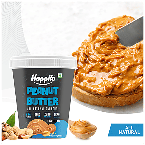 Happilo All Natural Peanut Butter - Crunchy, Unsweetened, High In Protein, Gluten Free, 510 g  