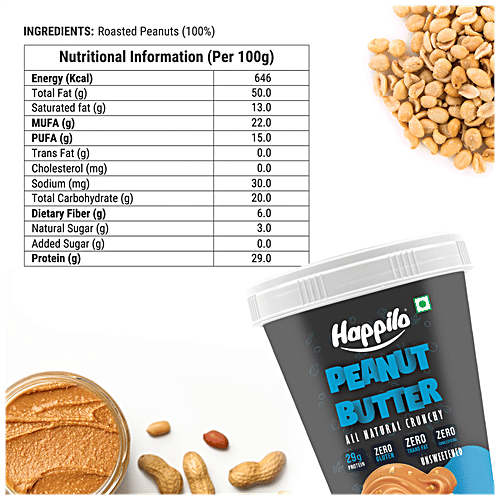 Happilo All Natural Peanut Butter - Crunchy, Unsweetened, High In Protein, Gluten Free, 510 g  