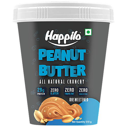 Happilo All Natural Peanut Butter - Crunchy, Unsweetened, High In Protein, Gluten Free, 510 g  