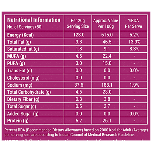 Happilo Classic Peanut Butter - Creamy, High In Protein, Gluten Free, 1 kg  Zero Cholesterol
 Zero Trans Fat
 26g Protein
