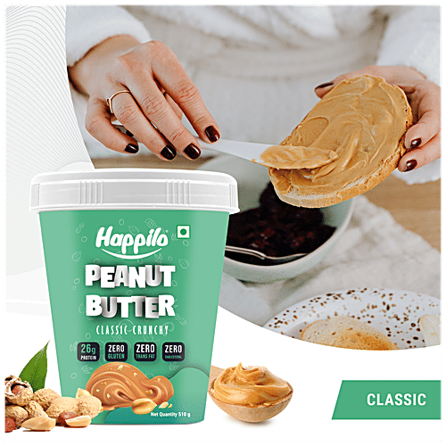 Happilo Classic Peanut Butter - Crunchy, High In Protein, Gluten Free, 510 g  High Protein
 Gluten Free