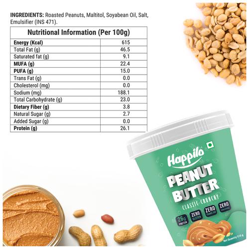 Happilo Classic Peanut Butter - Crunchy, High In Protein, Gluten Free, 510 g  