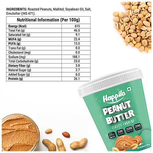 Happilo Classic Peanut Butter - Crunchy, High In Protein, Gluten Free, 510 g  High Protein
 Gluten Free