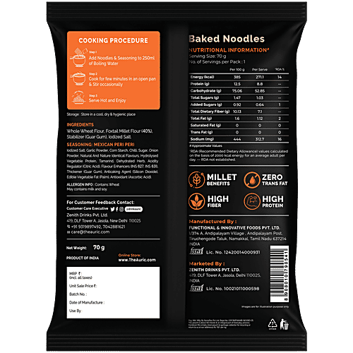 Auric Baked Noodles - Zero oil, No Maida, Mexican Peri Peri, 70 g  40% Millet, 14% More Protein