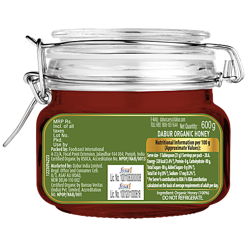 Dabur Organic Honey - Unprocessed & Unpasteurized , Sourced From Wild Forests, 600 g Jar