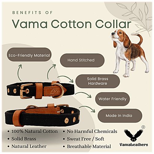 Vama Leathers Dog Cotton Collar - Eco-Friendly, Sweat Free, Fits 20-25" x 1.25", Midnight Black, 1 pc  