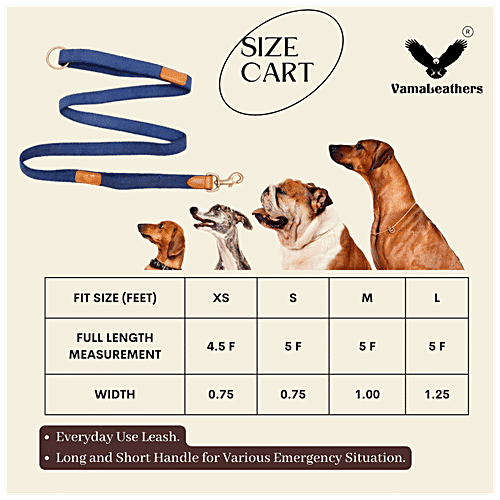 Vama Leathers Cotton Leash - Long & Short Handle, For Giant & Extra Large Dogs, Electric Blue, 1 pc