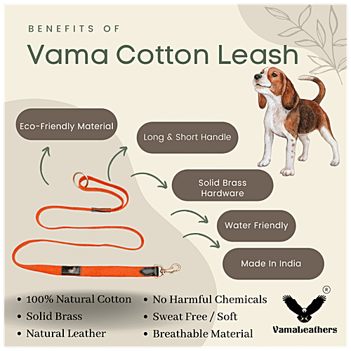 Vama Leathers Cotton Leash - Long & Short Handle, For Giant & Extra Large Dogs, Sunrise Orange, 1 pc