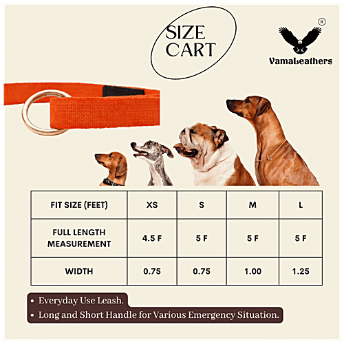 Vama Leathers Cotton Leash - Long & Short Handle, For Giant & Extra Large Dogs, Sunrise Orange, 1 pc