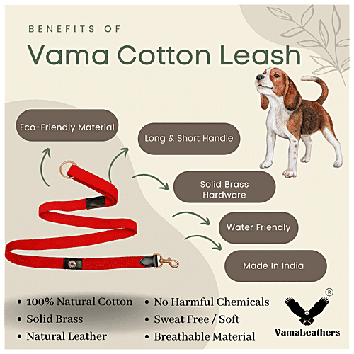 Vama Leathers Cotton Leash - Long & Short Handle, For Giant & Extra Large Dogs, Racing Red, 1 pc