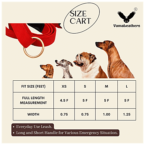 Vama Leathers Cotton Leash - Long & Short Handle, For Giant & Extra Large Dogs, Racing Red, 1 pc