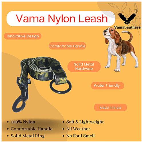 Vama Leathers Nylon Leash - Durable, For Cat, Puppy & Small Dogs, 2 cm X 152 cm, Army Green, 1 pc  