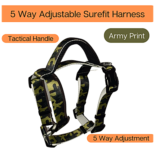 Vama Leathers Sure-Fit Nylon Harness - 5 Way Adjustable, For Puppy, Small & Medium Dogs, Army Print, 1 pc  