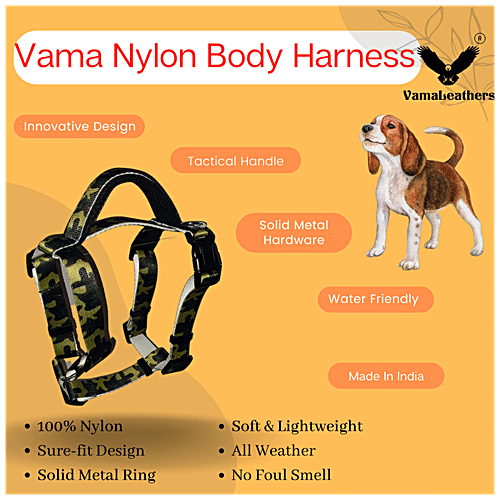 Vama Leathers Sure-Fit Nylon Harness - 5 Way Adjustable, For Puppy, Small & Medium Dogs, Army Print, 1 pc  