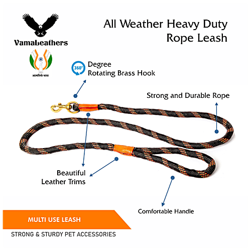 Vama Leathers Heavy Duty Rope Leash - Brass Hook, Durable, For Large & Medium Dogs, 5 Feet, 15 mm, 1 pc  