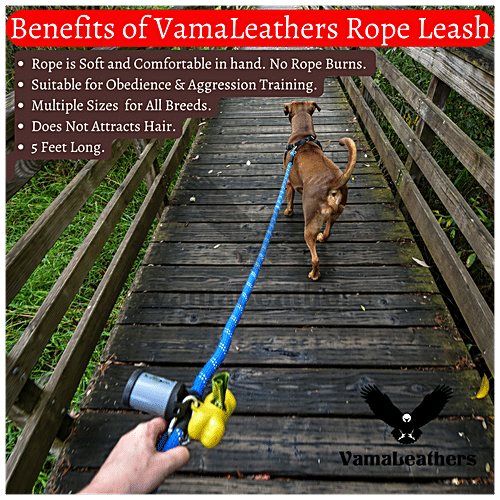 Vama Leathers Heavy Duty Rope Leash - Brass Hook, Durable, For Large & XL Dogs, 5 Feet, 18 mm, 1 pc  