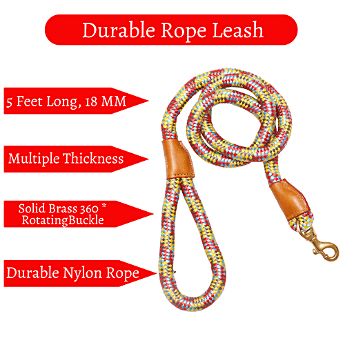 Vama Leathers Heavy Duty Rope Leash - Brass Hook, Durable, For Large & XL Dogs, 5 Feet, 18 mm, 1 pc  