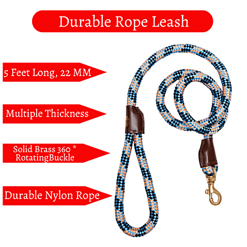 Vama Leathers Heavy Duty Rope Leash - Brass Hook, Durable, For Giant & XL Dogs, 5 Feet, 22 mm, 1 pc  