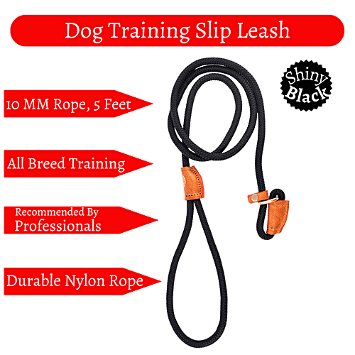 Vama Leathers Dog Training Slip Leash - Heavy Duty Rope, Brass Ring, 1 cm x 5 Feet, Shiny Black, 1 pc