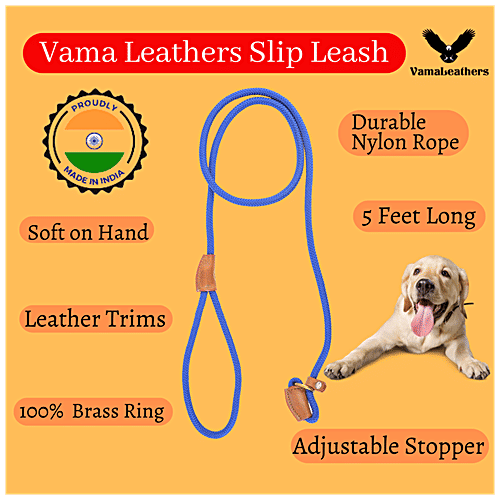 Vama Leathers Dog Training Slip Leash - Heavy Duty Rope, Brass Ring, 1 cm x 5 Feet, Cobalt Blue, 1 pc  
