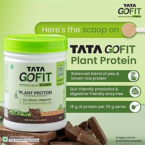 Tata GoFit Plant Protein Powder - Rich Chocolate Flavour For Women, Gut-Friendly Probiotics, 500 g (20 Serves) 
