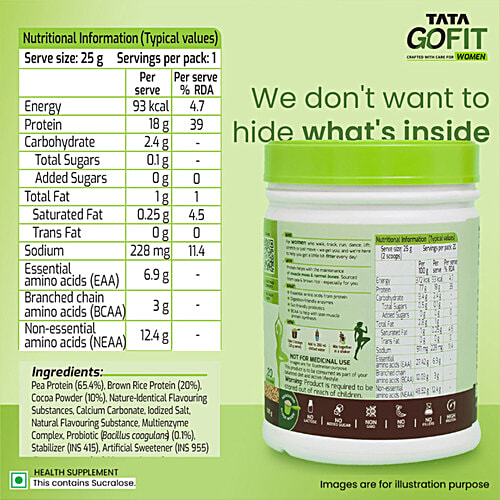 Tata GoFit Plant Protein Powder - Rich Chocolate Flavour For Women, Gut-Friendly Probiotics, 500 g (20 Serves) 