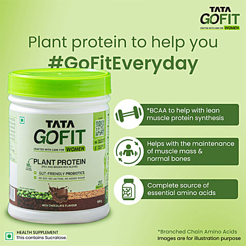 Tata GoFit Plant Protein Powder - Rich Chocolate Flavour For Women, Gut-Friendly Probiotics, 500 g (20 Serves) 