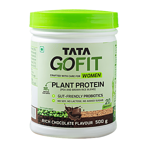 Tata GoFit Plant Protein Powder - Rich Chocolate Flavour For Women, Gut-Friendly Probiotics, 500 g (20 Serves) 