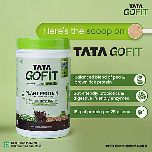 Tata GoFit Plant Protein Powder - Rich Chocolate Flavour For Women, Gut-Friendly Probiotics, 1 kg (40 Serves) 
