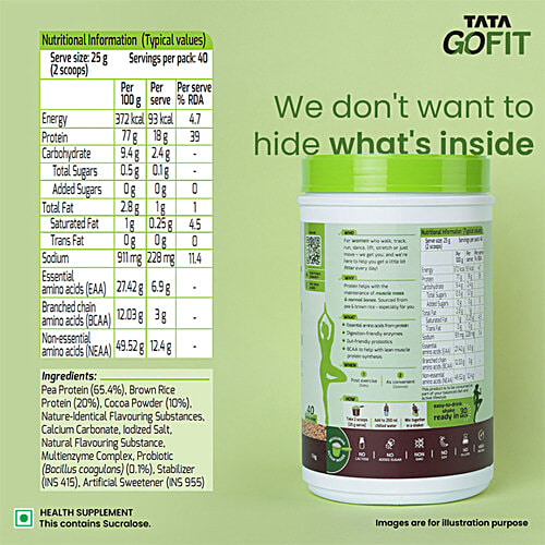 Tata GoFit Plant Protein Powder - Rich Chocolate Flavour For Women, Gut-Friendly Probiotics, 1 kg (40 Serves) 