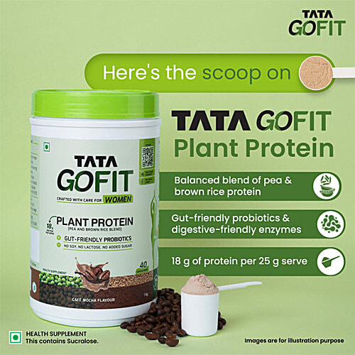Tata GoFit Plant Protein Powder - Cafe Mocha Flavour For Women, Gut-Friendly Probiotics, 1 kg (40 Serves) 