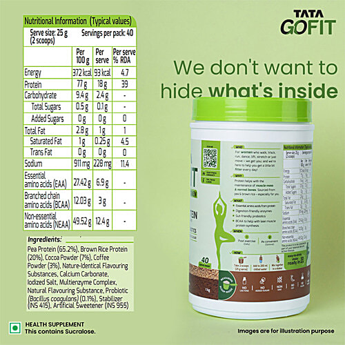 Tata GoFit Plant Protein Powder - Cafe Mocha Flavour For Women, Gut-Friendly Probiotics, 1 kg (40 Serves) 
