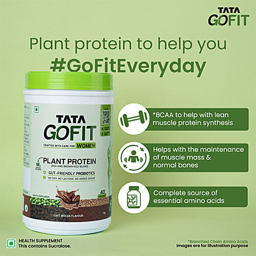 Tata GoFit Plant Protein Powder - Cafe Mocha Flavour For Women, Gut-Friendly Probiotics, 1 kg (40 Serves) 