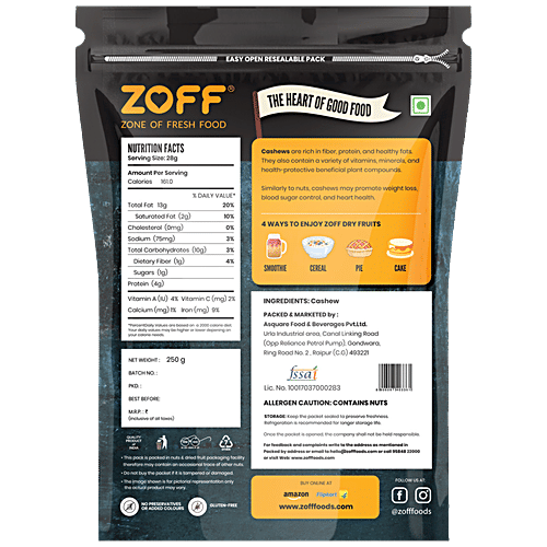 Buy Zoff Cashews Rich In Fiber & Protein, Promotes Weight Loss Online at Best Price of Rs 294