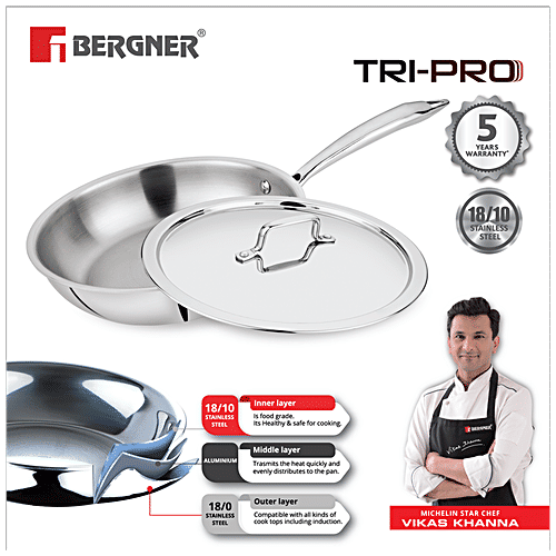 Bergner Tri-Pro Triply Stainless Steel Frypan - 3 Layer, Induction Base, With Lid, 24 cm, 1.95 l
