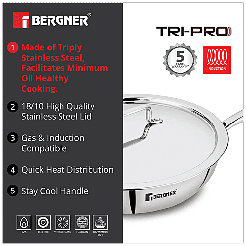 Bergner Tri-Pro Triply Stainless Steel Frypan - 3 Layer, Induction Base, With Lid, 24 cm, 1.95 l
