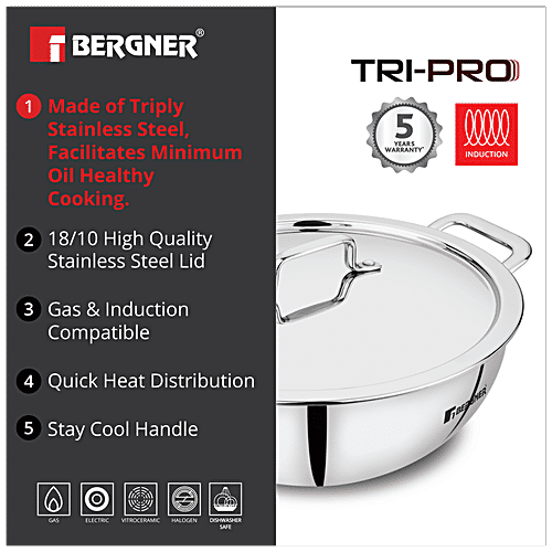 Bergner Tri-Pro Triply Stainless Steel Kadai - 3 Layer, Induction Base, With Lid, 26 cm, 3.95 L  