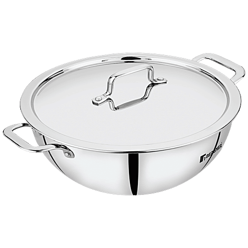 Bergner Tri-Pro Triply Stainless Steel Kadai - 3 Layer, Induction Base, With Lid, 26 cm, 3.95 L  