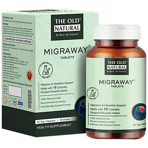 The Old Natural Migraway Tablets - For Migraine Relief, Tanacetum Parthenium Extract I Petasites Hybridus Extract I Brahmi I Chamomil - 60 Tablets, 60 pcs